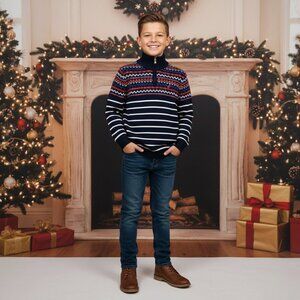 Nautica KIDS Fair Isle Quarter Zip Sweater Striped Knit Pullover Logo Classic